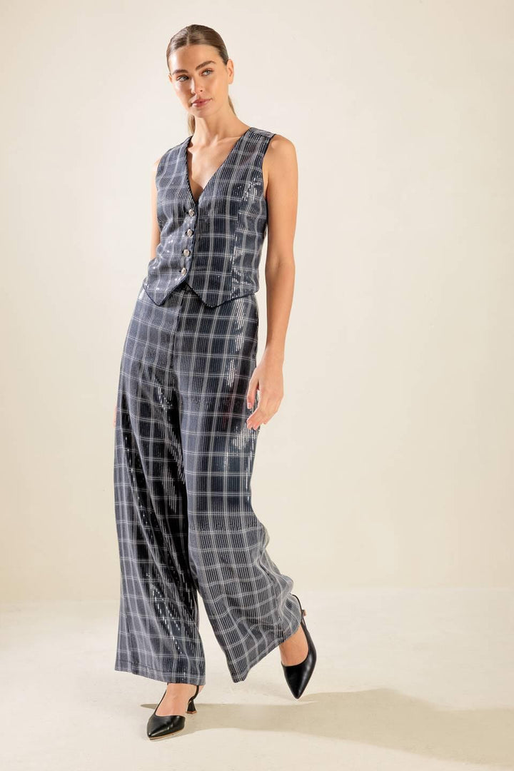 Traveling Far Navy Sequin Pants from KADOU Boutique