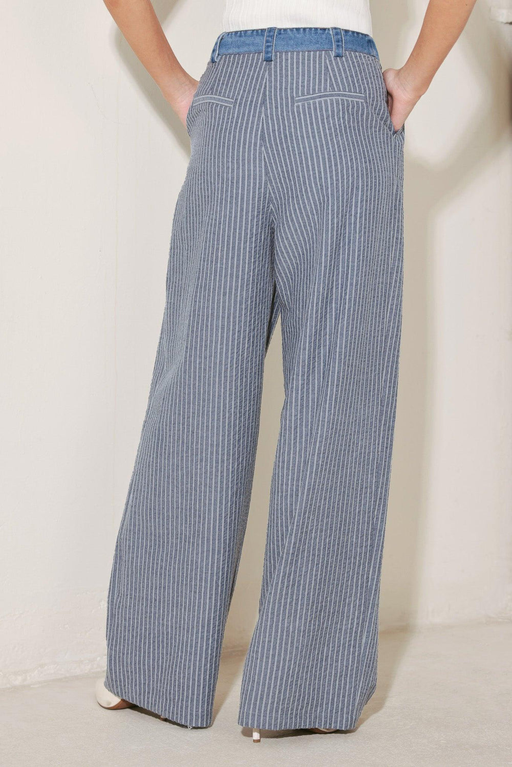 Marina Pinstripe Woven Seersucker Pants from KADOU Boutique