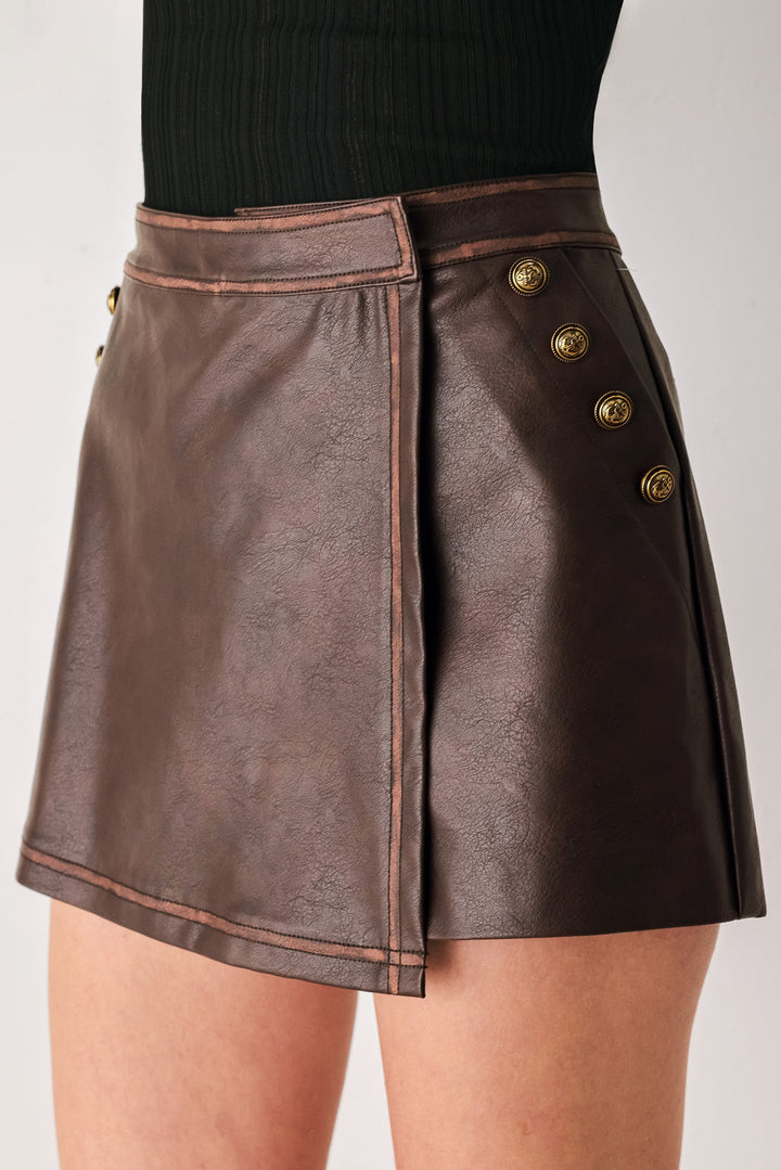 SADDLE STREET BROWN FAUX LEATHER WRAP SKORT