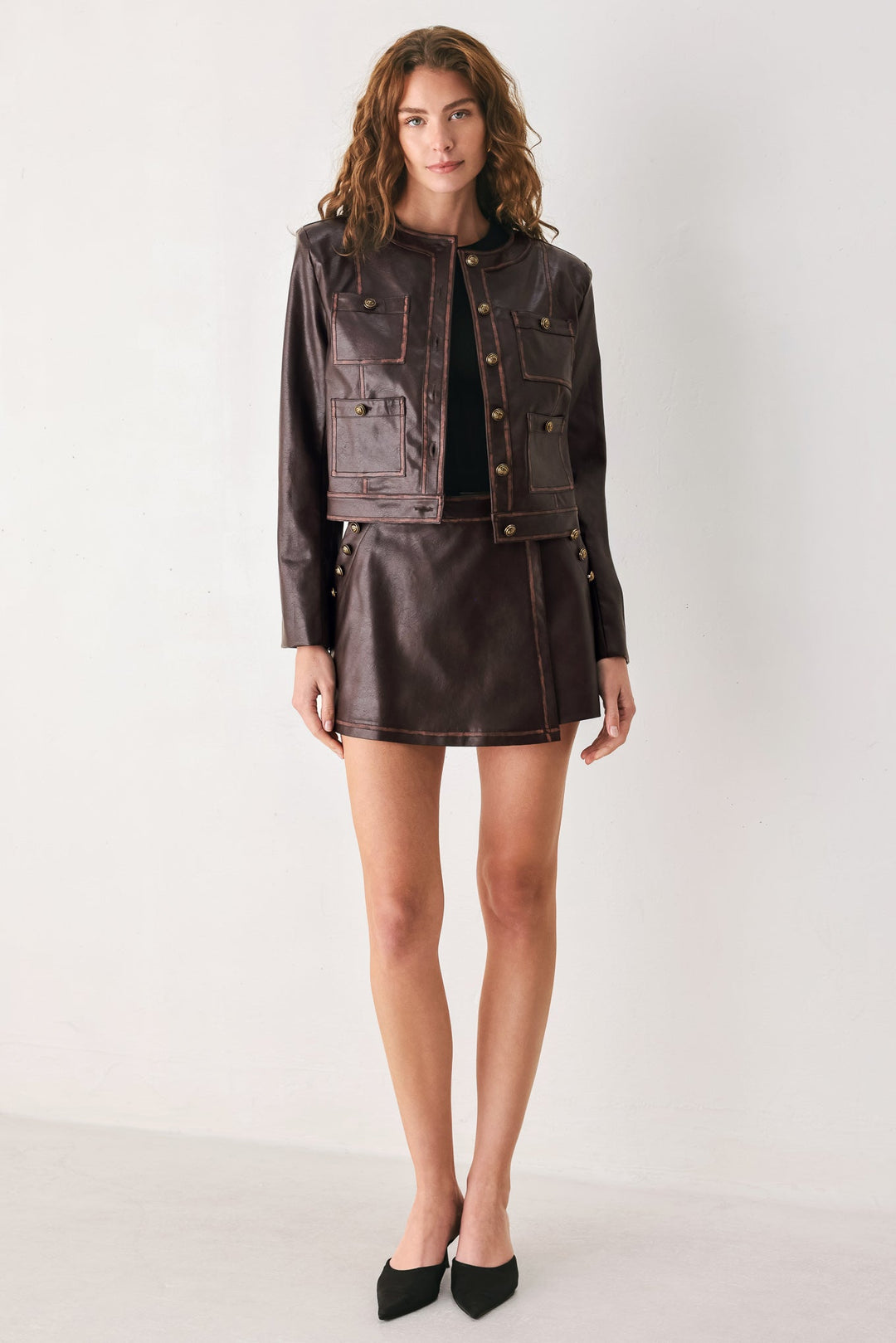 SADDLE STREET BROWN FAUX LEATHER WRAP SKORT