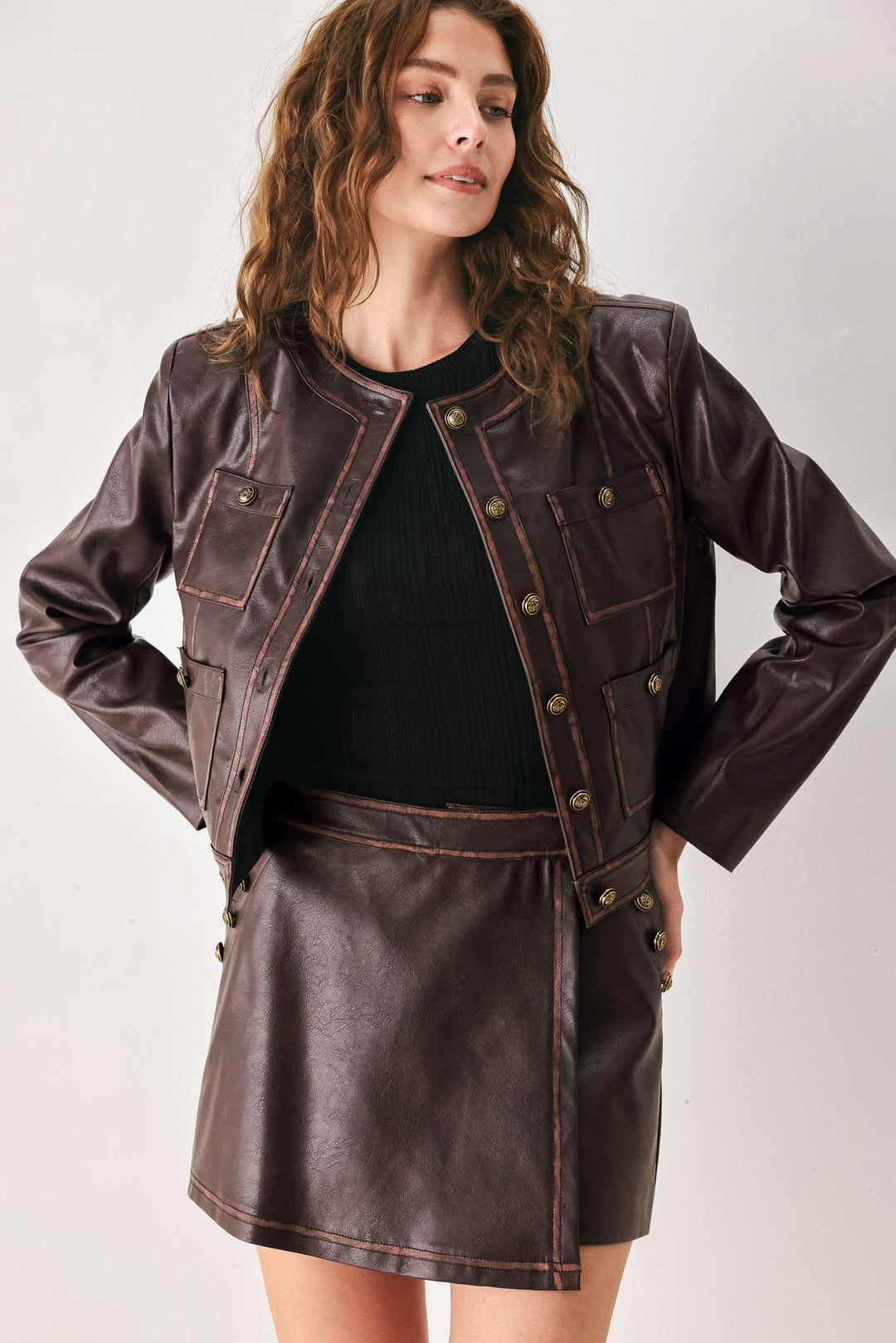SADDLE STREET BROWN FAUX LEATHER WRAP SKORT