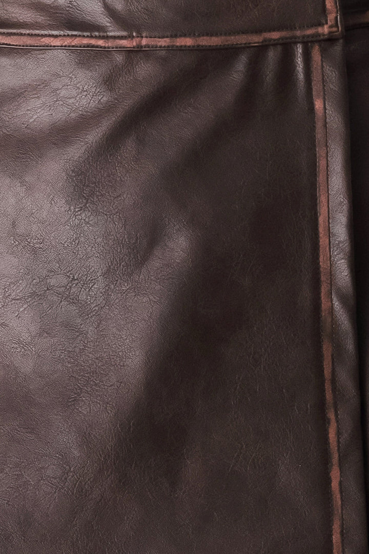 SADDLE STREET BROWN FAUX LEATHER WRAP SKORT