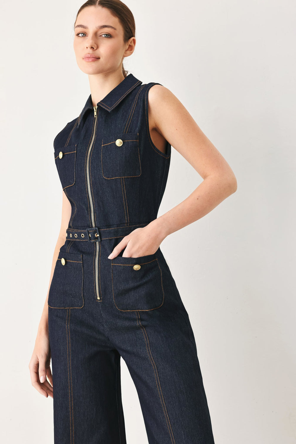 Sleeveless Workwear Denim Jumpsuit from KADOU Boutique