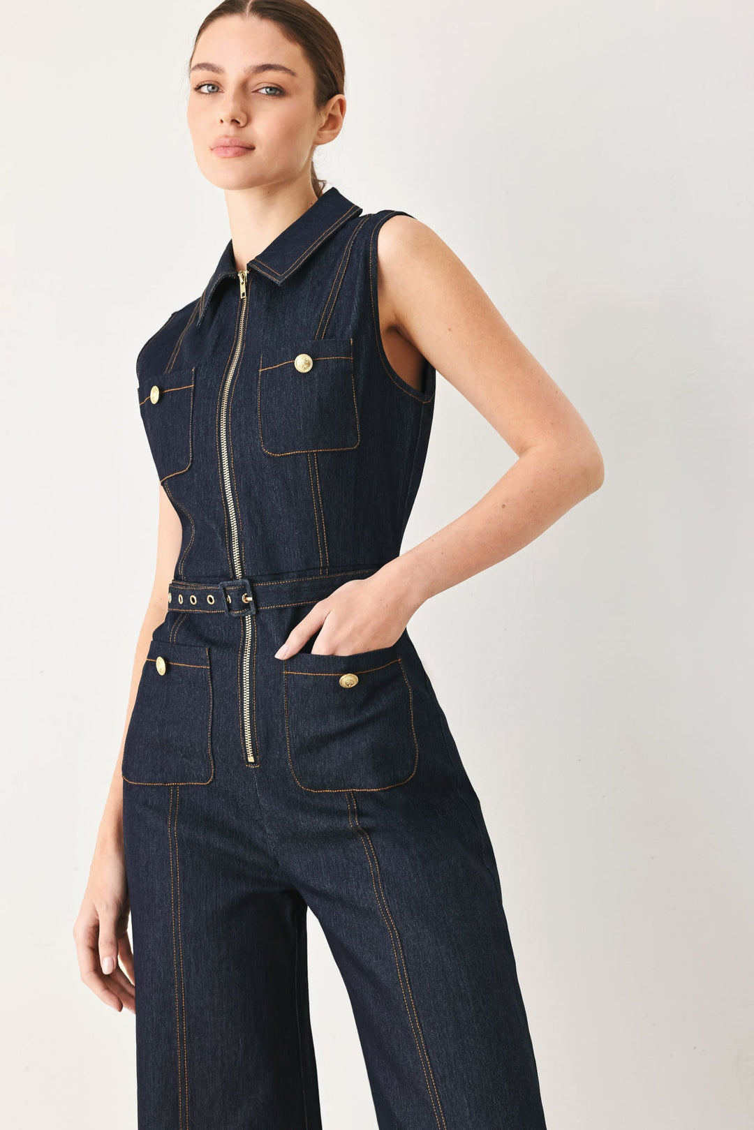 SLEEVELESS WORKWEAR DENIM JUMPSUIT