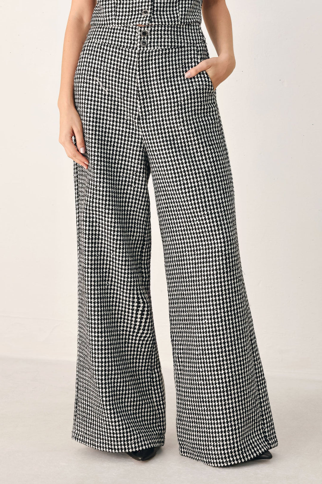 CHECKED IN SPARKLE HOUNDSTOOTH WIDE LEG PANTS