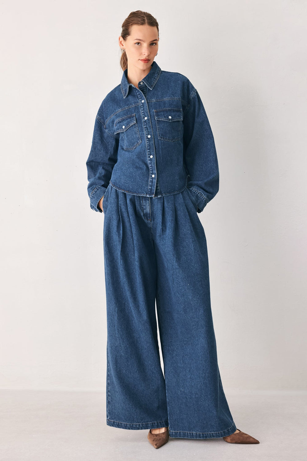 Blue Echo Pleated Denim Wide Leg Pants from KADOU Boutique