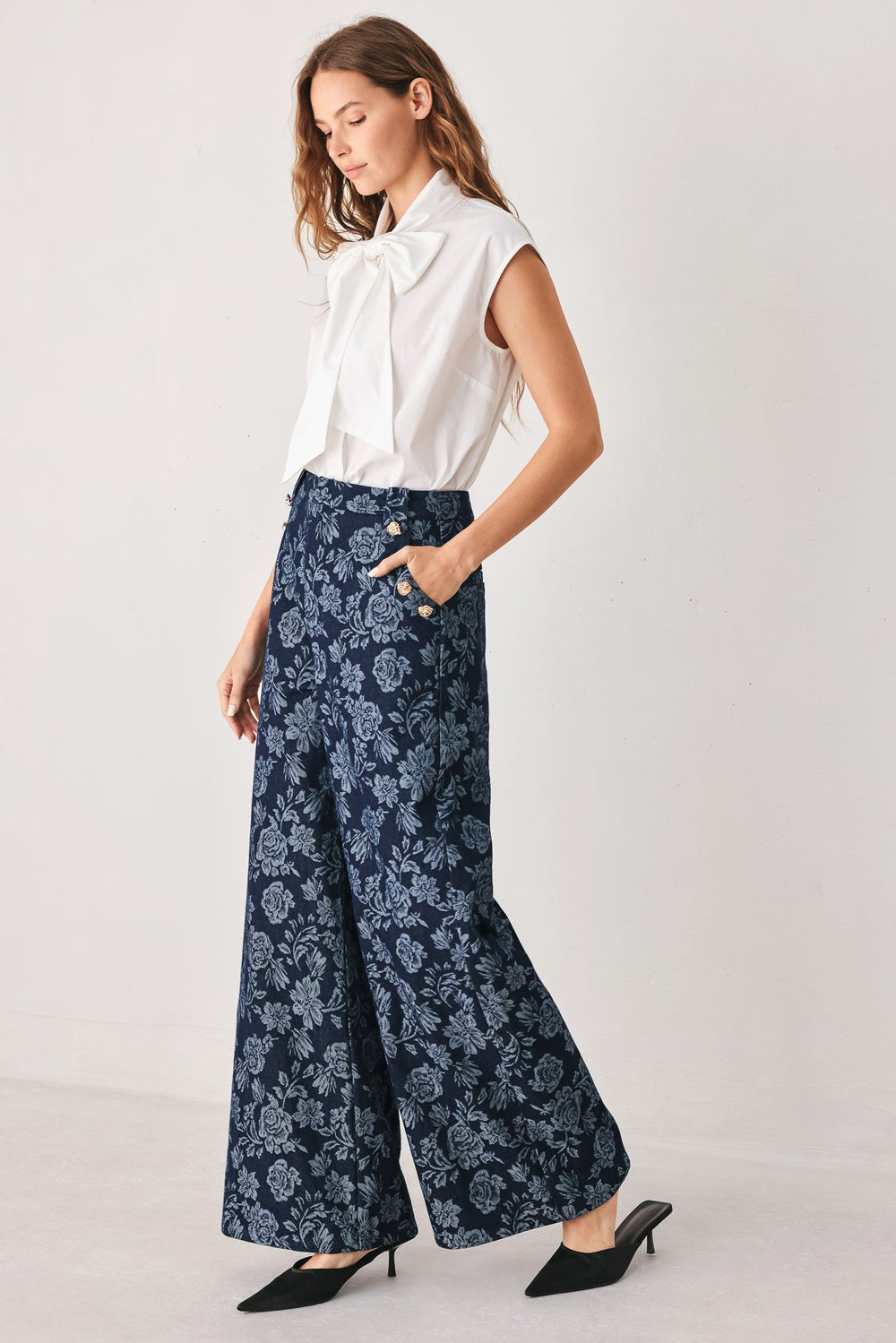 Midnight Rose Jacquard Denim Pants from KADOU Boutique