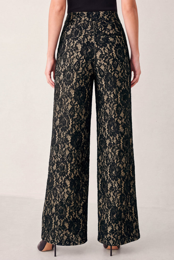 LACE THEORY BLACK/CAMEL LACE WIDE-LEG PANTS