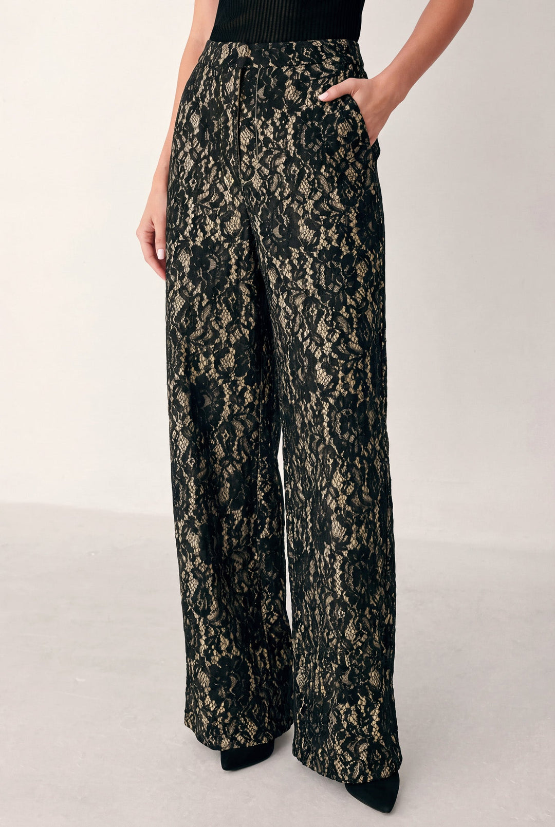 LACE THEORY BLACK/CAMEL LACE WIDE-LEG PANTS