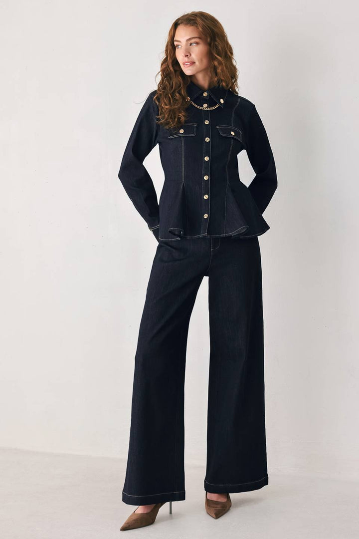INDIGO ICON DARK INDIGO BUTTON-DETAIL WIDE-LEG JEANS