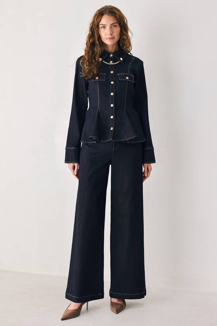 INDIGO ICON DARK INDIGO BUTTON-DETAIL WIDE-LEG JEANS