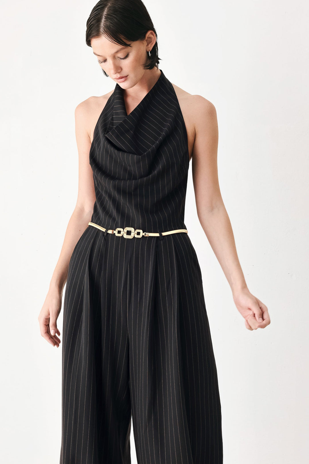 Midnight Poise Black Halter Belted Wide-Leg Jumpsuit from KADOU Boutique