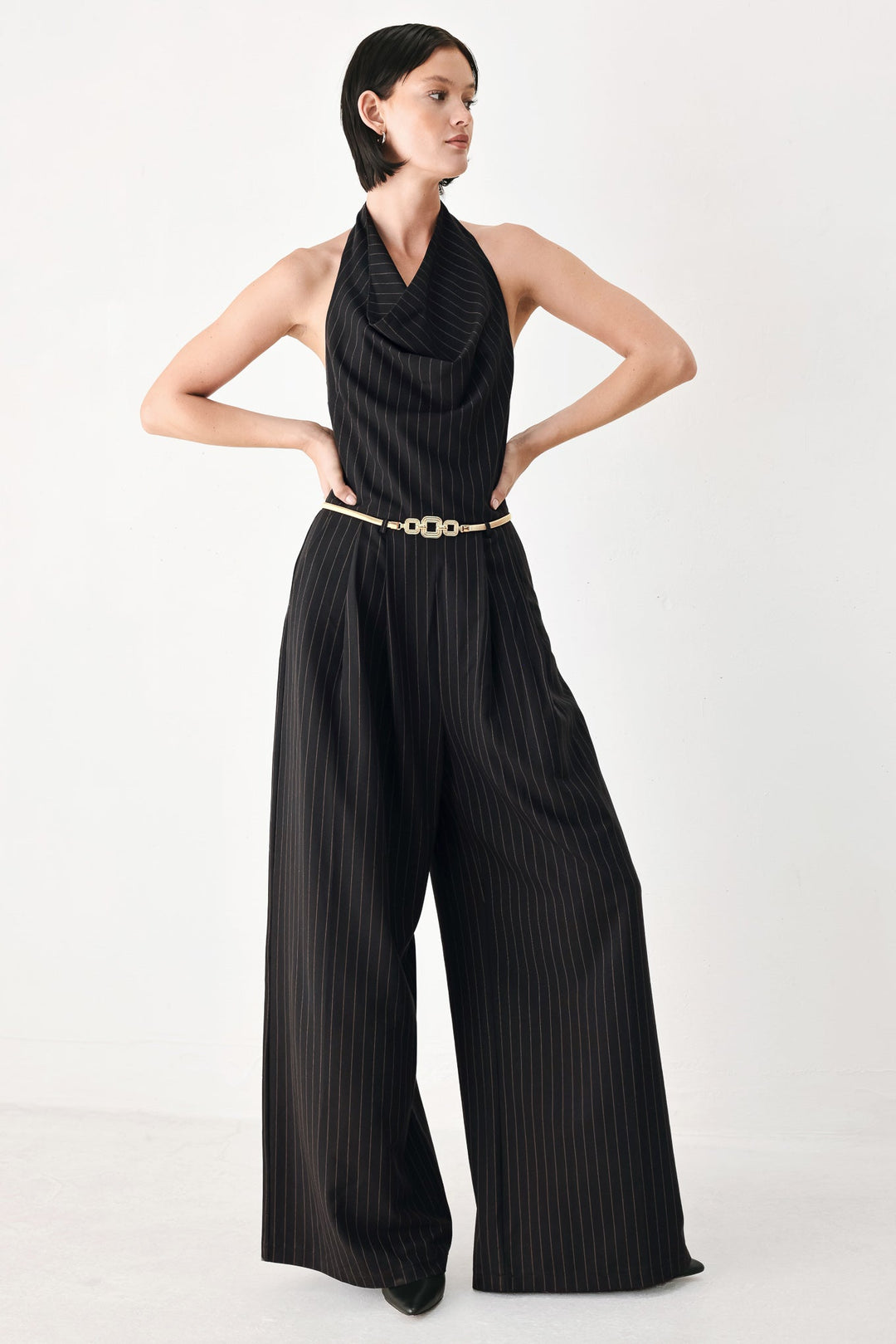Midnight Poise Black Halter Belted Wide-Leg Jumpsuit from KADOU Boutique