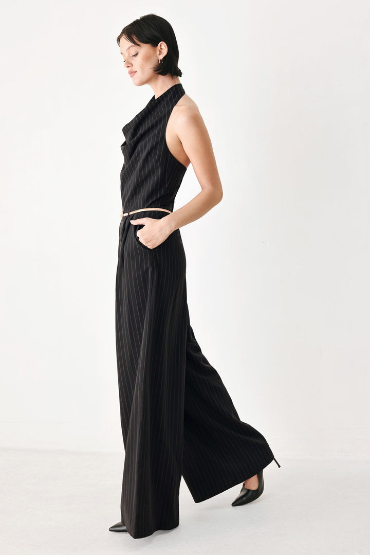 Midnight Poise Black Halter Belted Wide-Leg Jumpsuit from KADOU Boutique