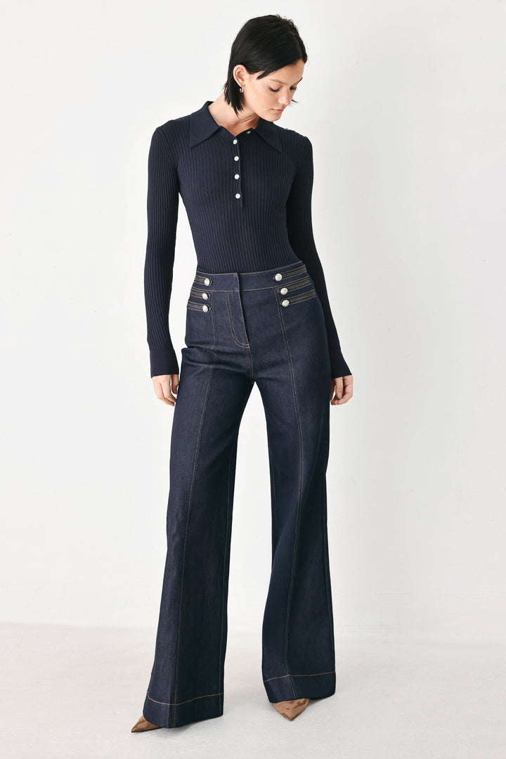 Indigo Impression Button Detail Flare Jeans from KADOU Boutique