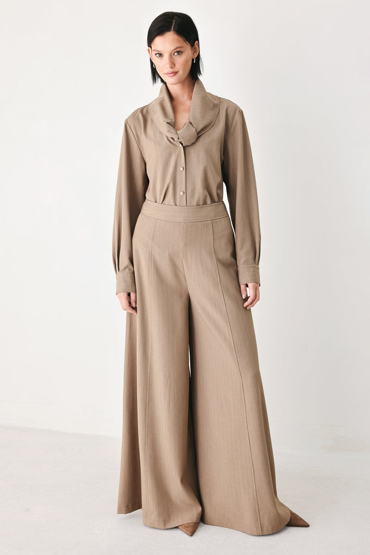 MOCHA MOMENT PINSTRIPE WIDE LEG PANTS