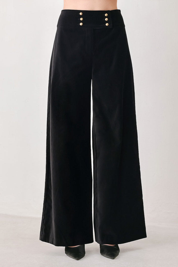 VELVET COMMAND BLACK BUTTON-WAIST WIDE-LEG PANTS