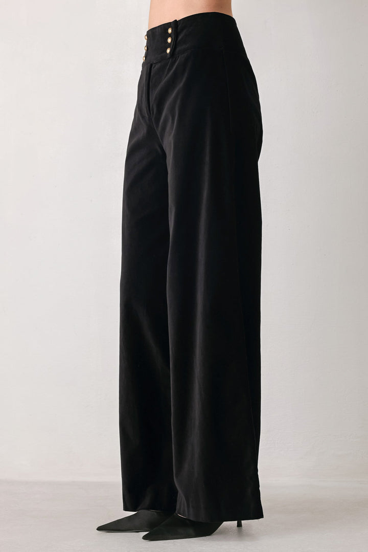VELVET COMMAND BLACK BUTTON-WAIST WIDE-LEG PANTS