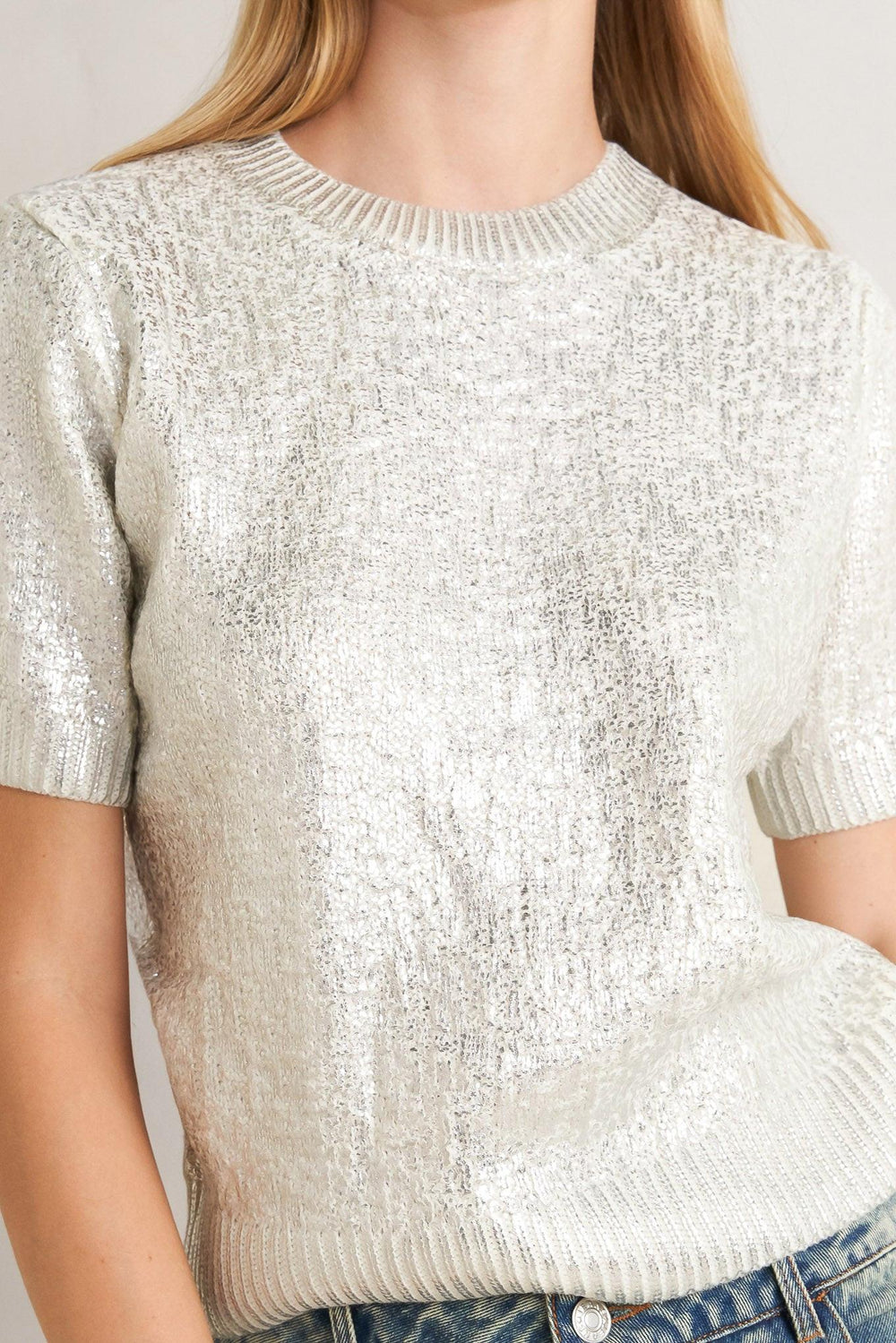 Moonlit Shimmer Silver Foil Short-Sleeve Sweater Top from KADOU Boutique