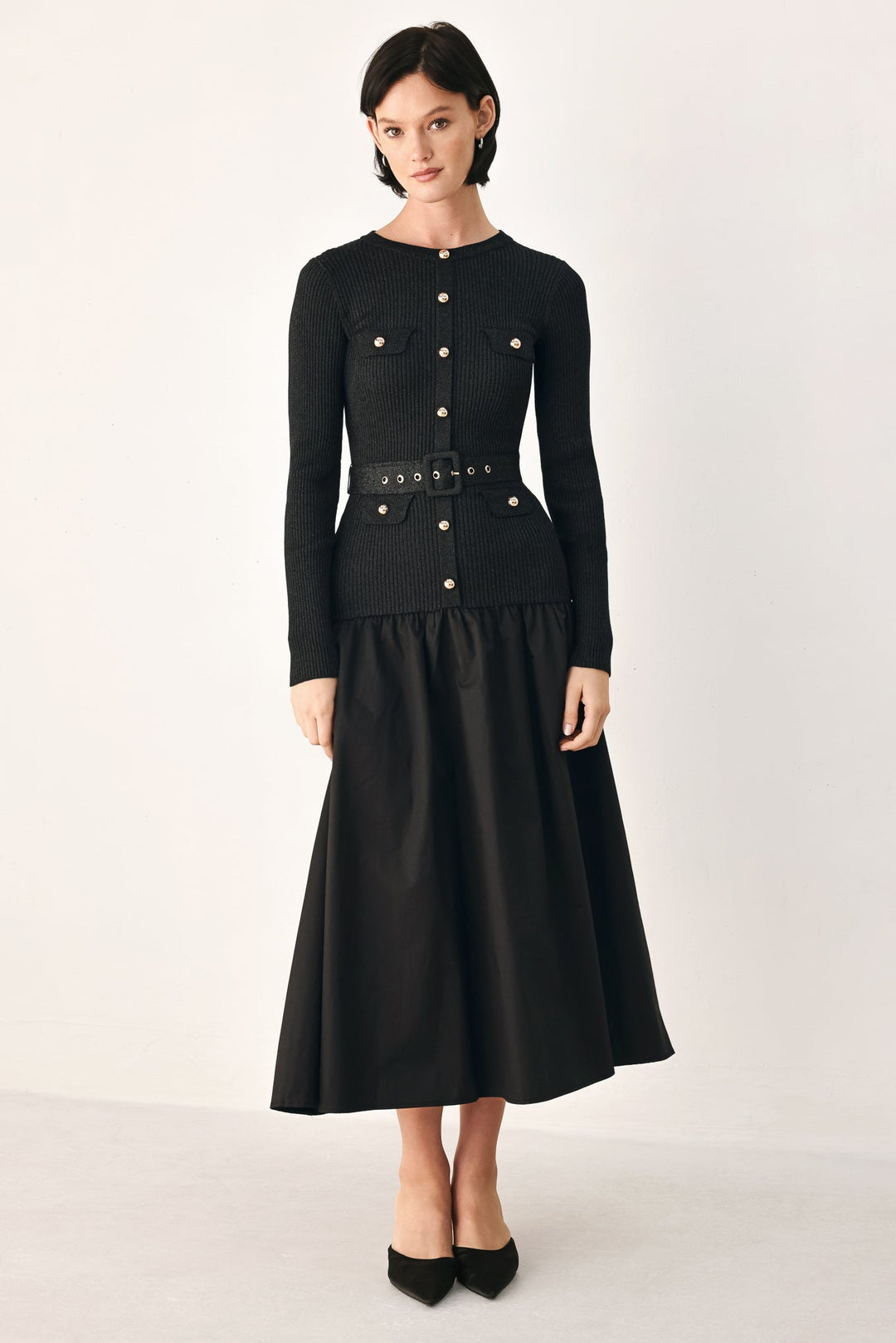 City After Dark Mixed Media Midi Dress from KADOU Boutique
