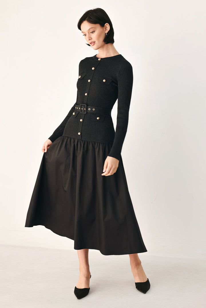 City After Dark Mixed Media Midi Dress from KADOU Boutique