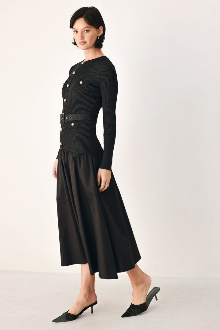 City After Dark Mixed Media Midi Dress from KADOU Boutique