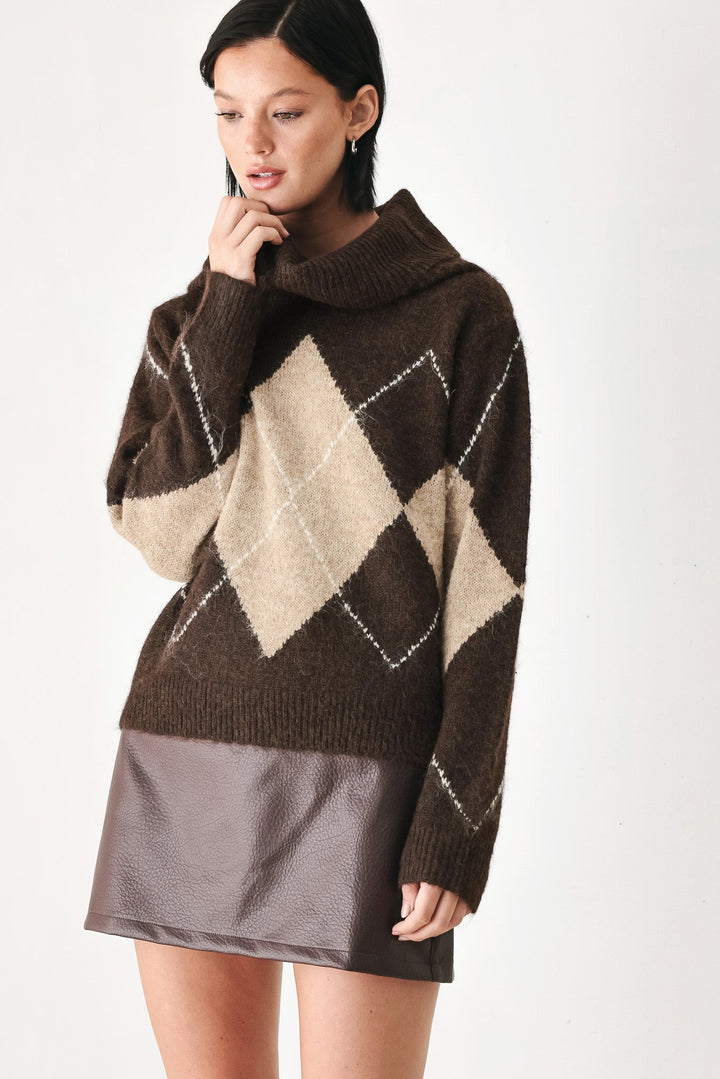 Cozy Moments Brown Argyle Cowl Neck Sweater from KADOU Boutique