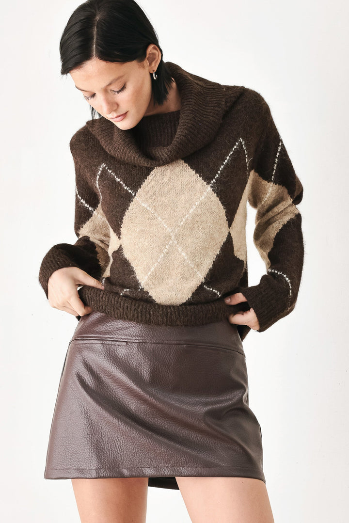 Cozy Moments Brown Argyle Cowl Neck Sweater from KADOU Boutique
