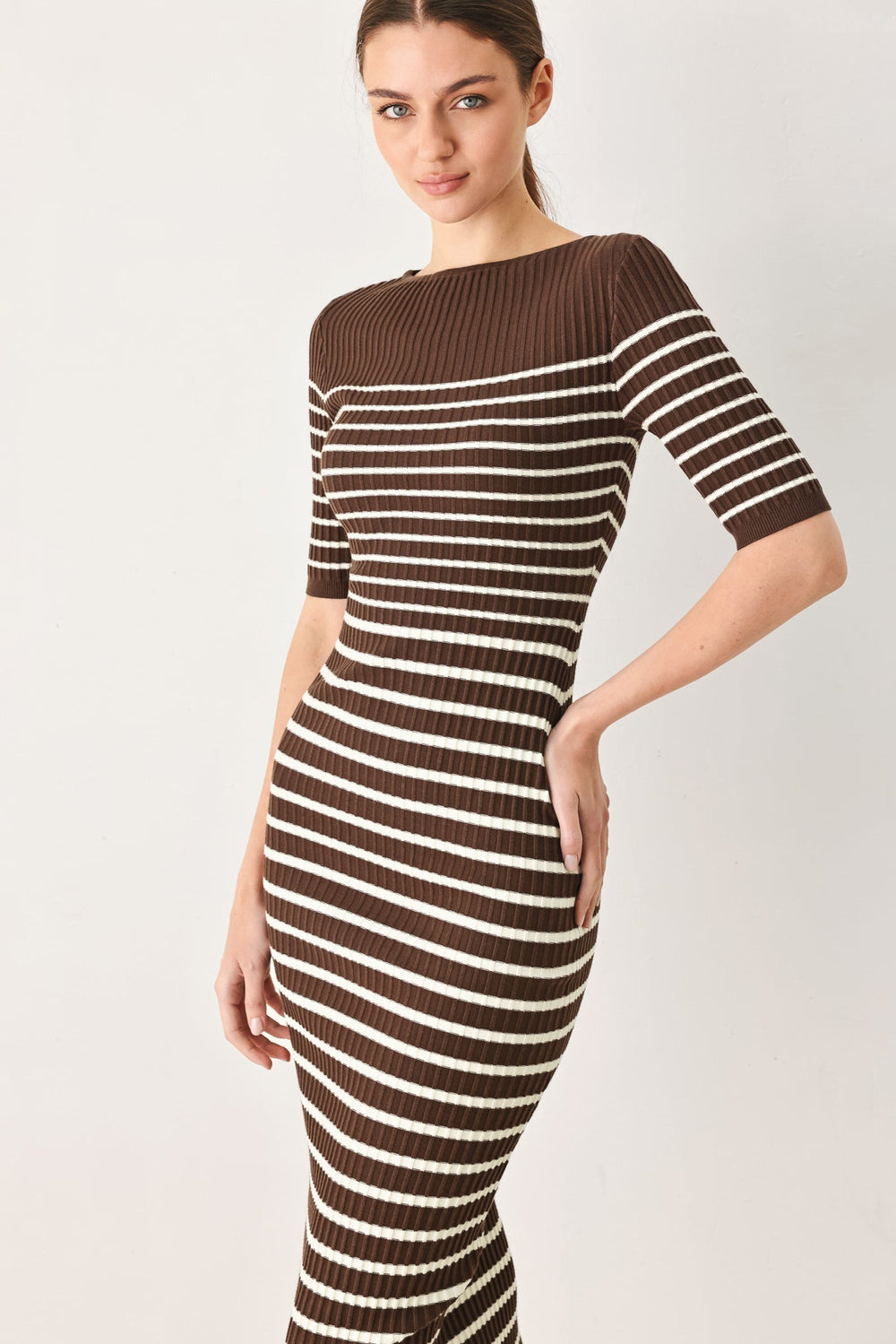 Trendy Chocolate Stripe Sweater Midi Dress from KADOU Boutique