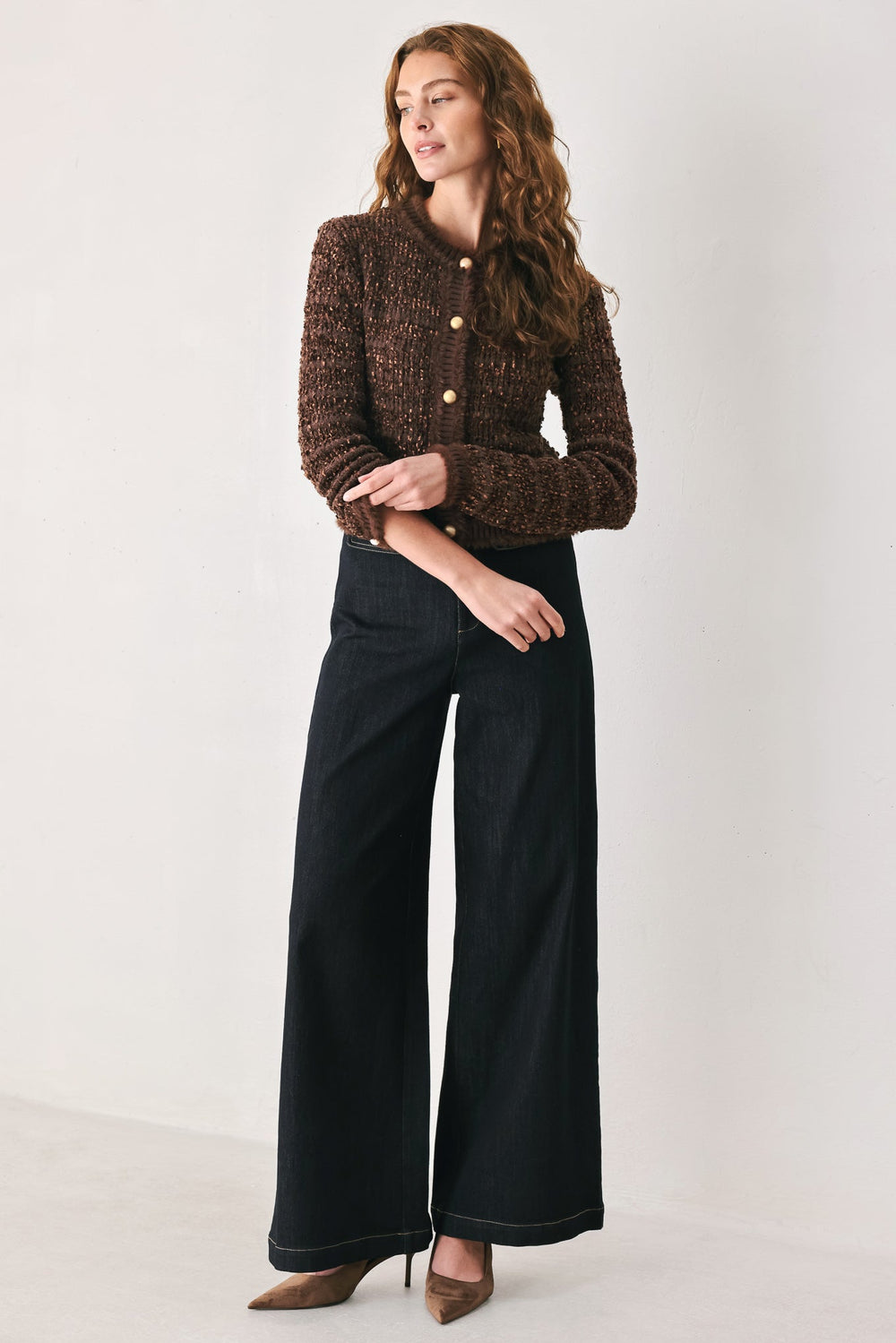 Gemstone Glow Brown Jewel-Button Cropped Cardigan from KADOU Boutique