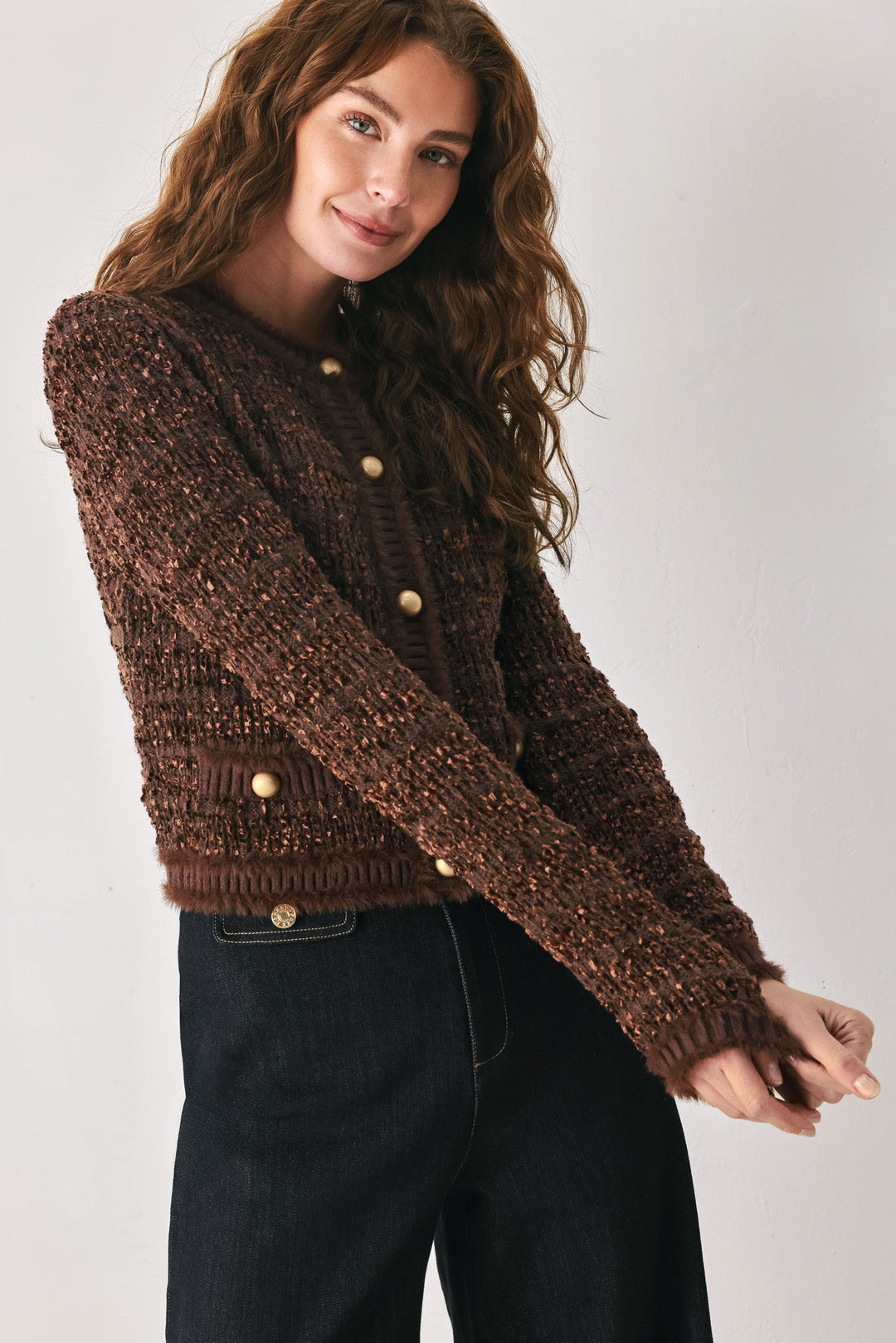GEMSTONE GLOW BROWN JEWEL-BUTTON CROPPED CARDIGAN