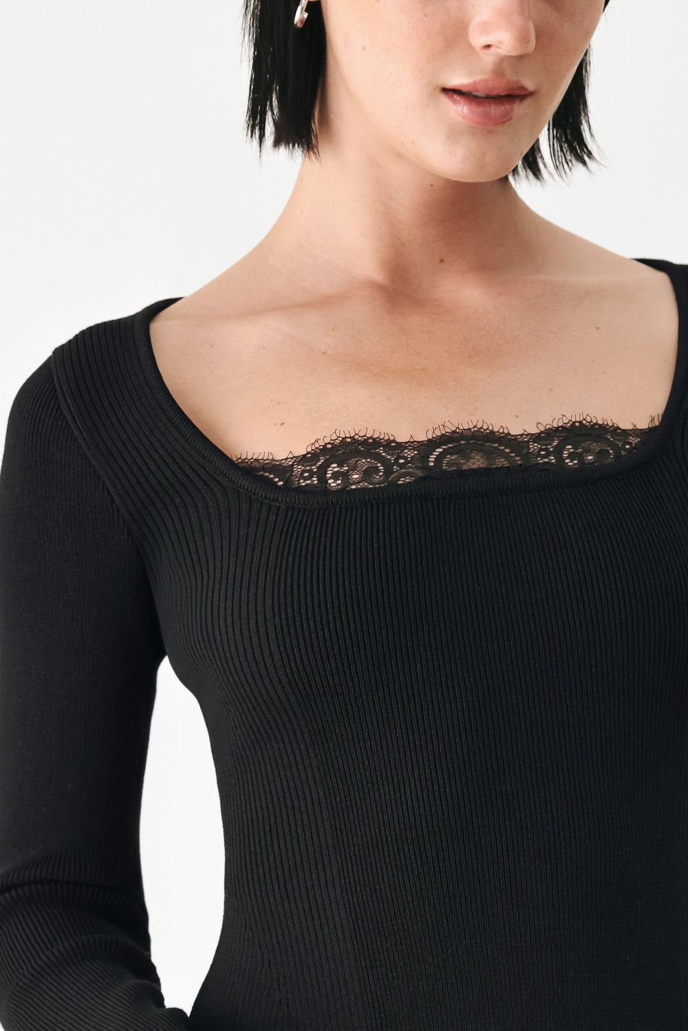 Sweet Devotion Black Lace-Trim Square Neck Sweater from KADOU Boutique