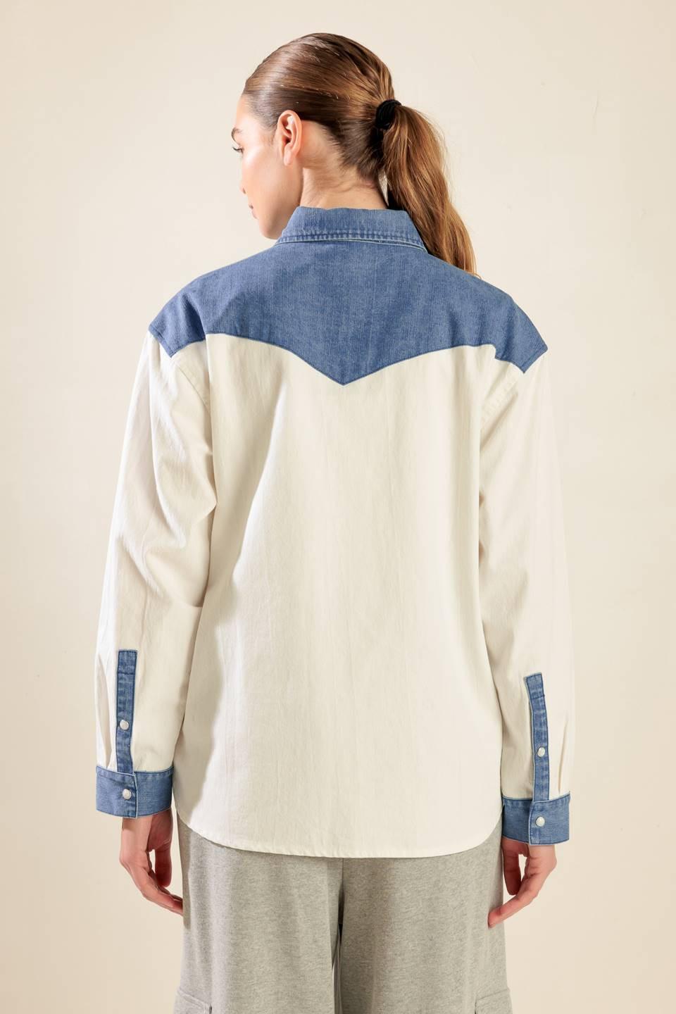 Keep It Going Woven and Denim Shirt from KADOU Boutique