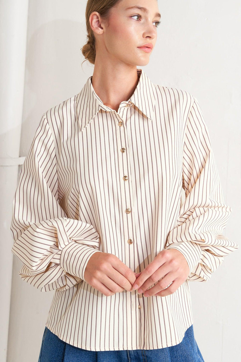 Pinstripe Chic Woven Top from KADOU Boutique