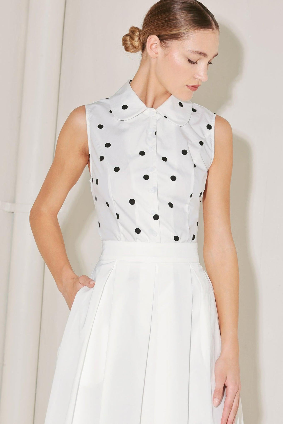 Café Noir Polka Woven Top from KADOU Boutique