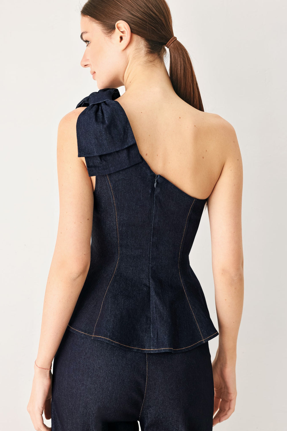 Indigo Bow One Shoulder Denim Top from KADOU Boutique