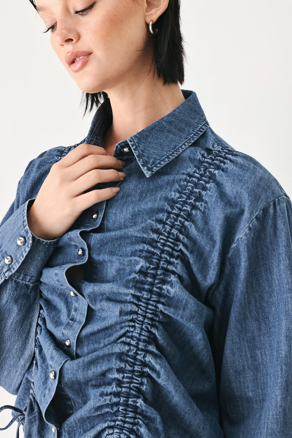 Casual Encounter Indigo Ruched Denim Button-Down Top from KADOU Boutique
