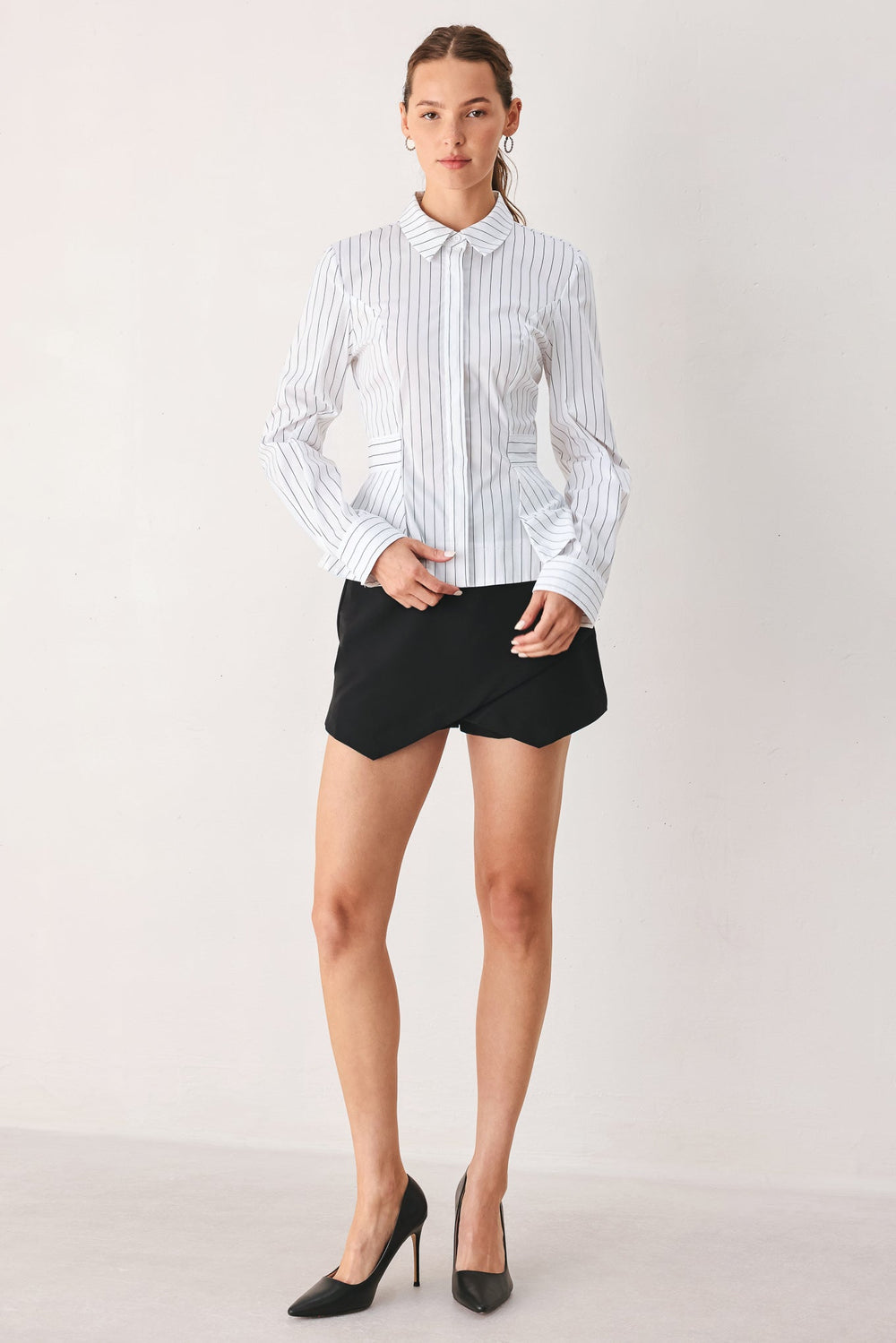 Modernist Pinstripe Flared-Waist Woven Top from KADOU Boutique