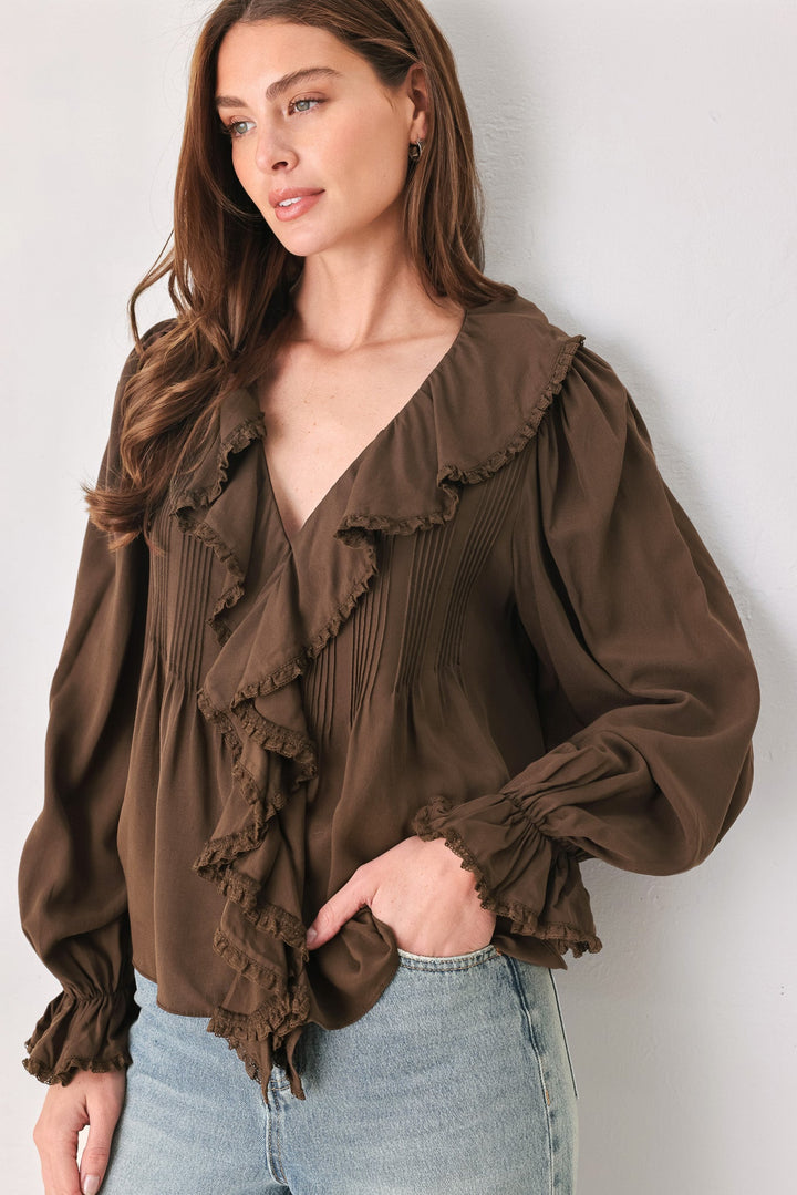 EARTHBOUND ROMANCE BROWN RUFFLE PINTUCK BLOUSE