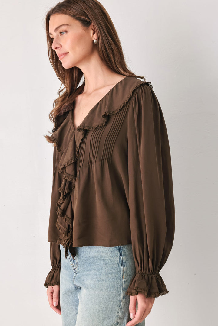 EARTHBOUND ROMANCE BROWN RUFFLE PINTUCK BLOUSE