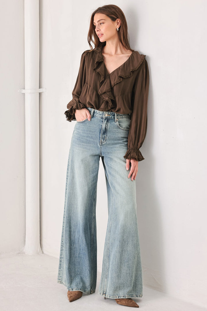 EARTHBOUND ROMANCE BROWN RUFFLE PINTUCK BLOUSE