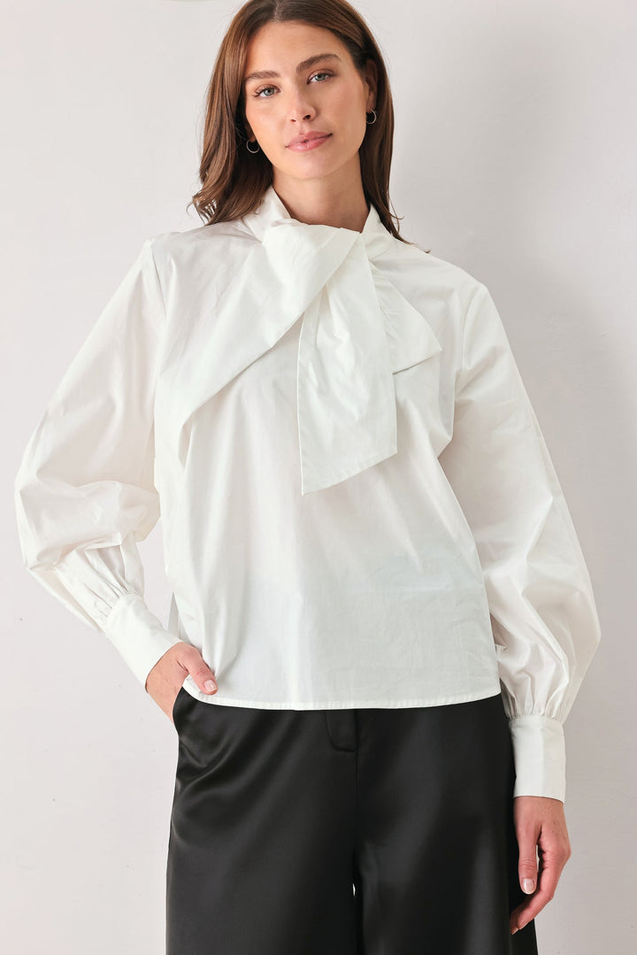 IVORY IMPACT OFF WHITE ASYMMETRICAL TIE-NECK PUFF-SLEEVE TOP