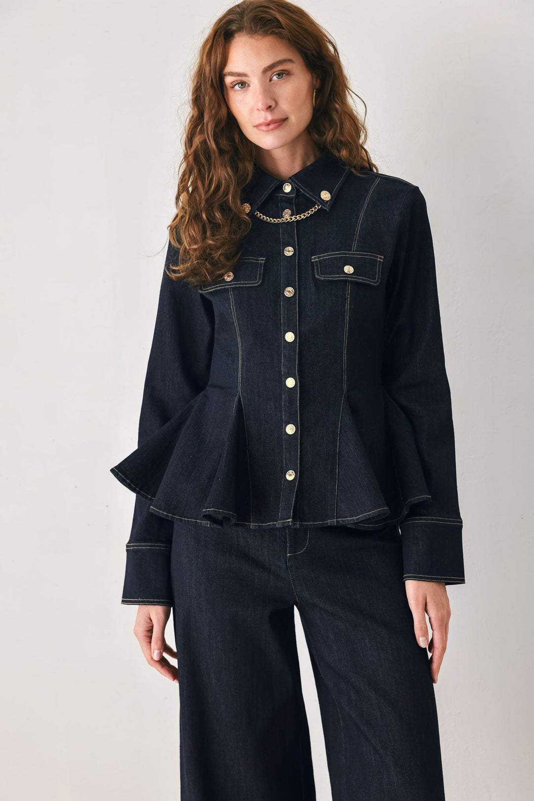 INDIGO ICON DARK INDIGO CHAIN-DETAIL PEPLUM DENIM TOP