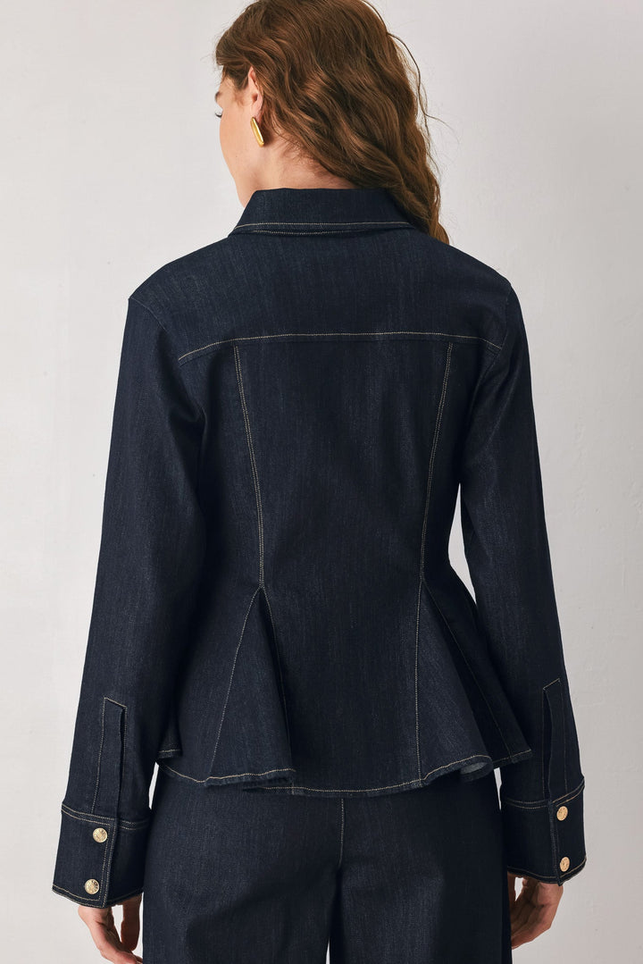 INDIGO ICON DARK INDIGO CHAIN-DETAIL PEPLUM DENIM TOP