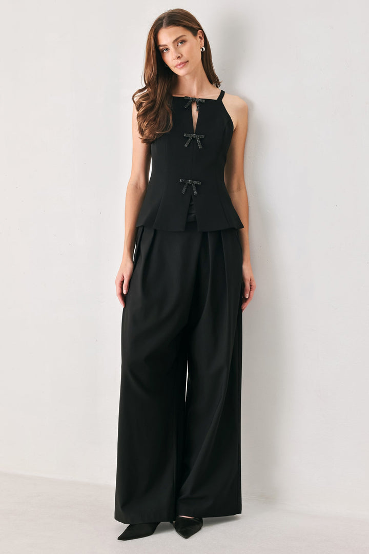 BOW NOIR BLACK RHINESTONE HALTER PEPLUM TOP
