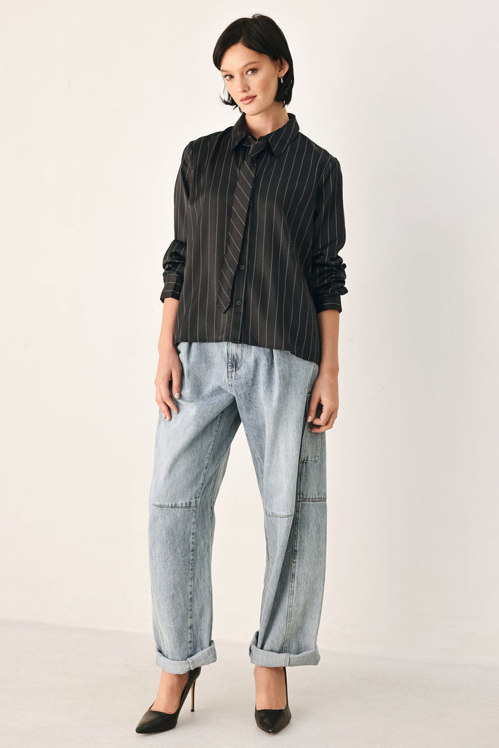 City After Dark Tie Front Striped Top from KADOU Boutique