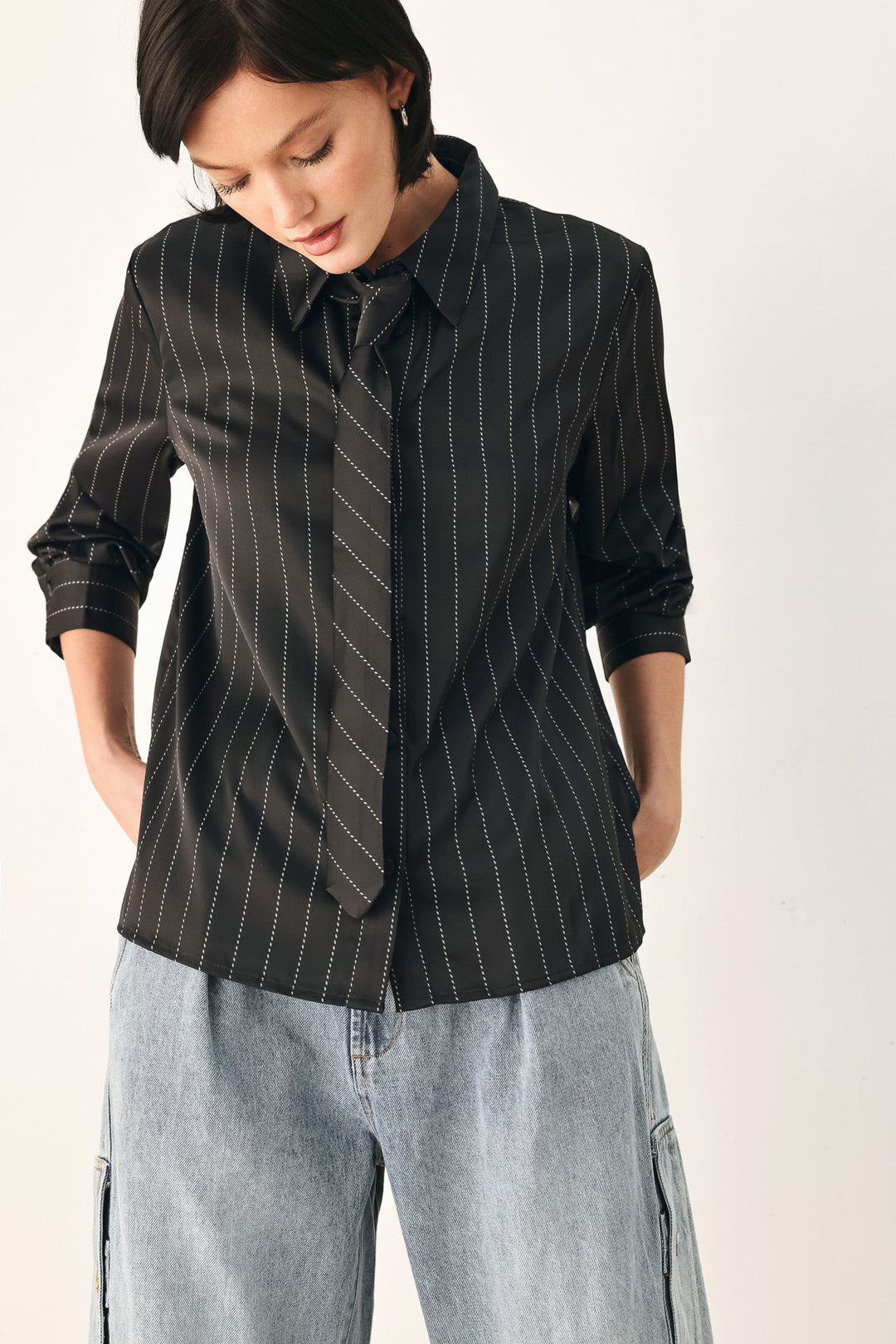 City After Dark Tie Front Striped Top from KADOU Boutique