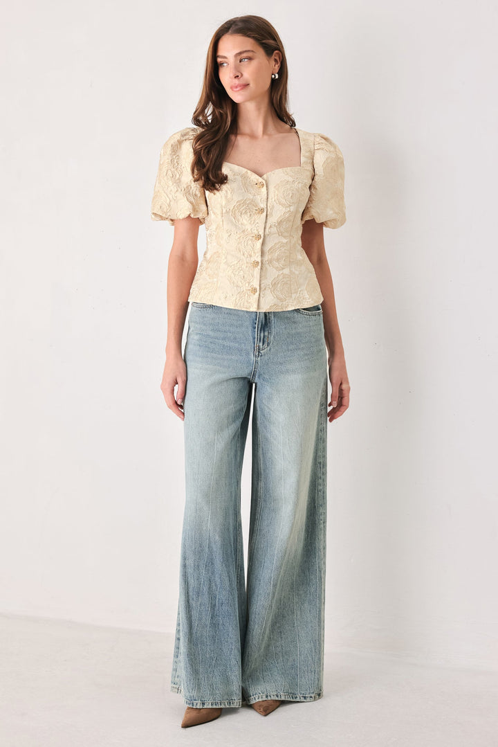 GOLDEN PORTRAIT GOLD TEXTURED PUFF-SLEEVE PEPLUM TOP