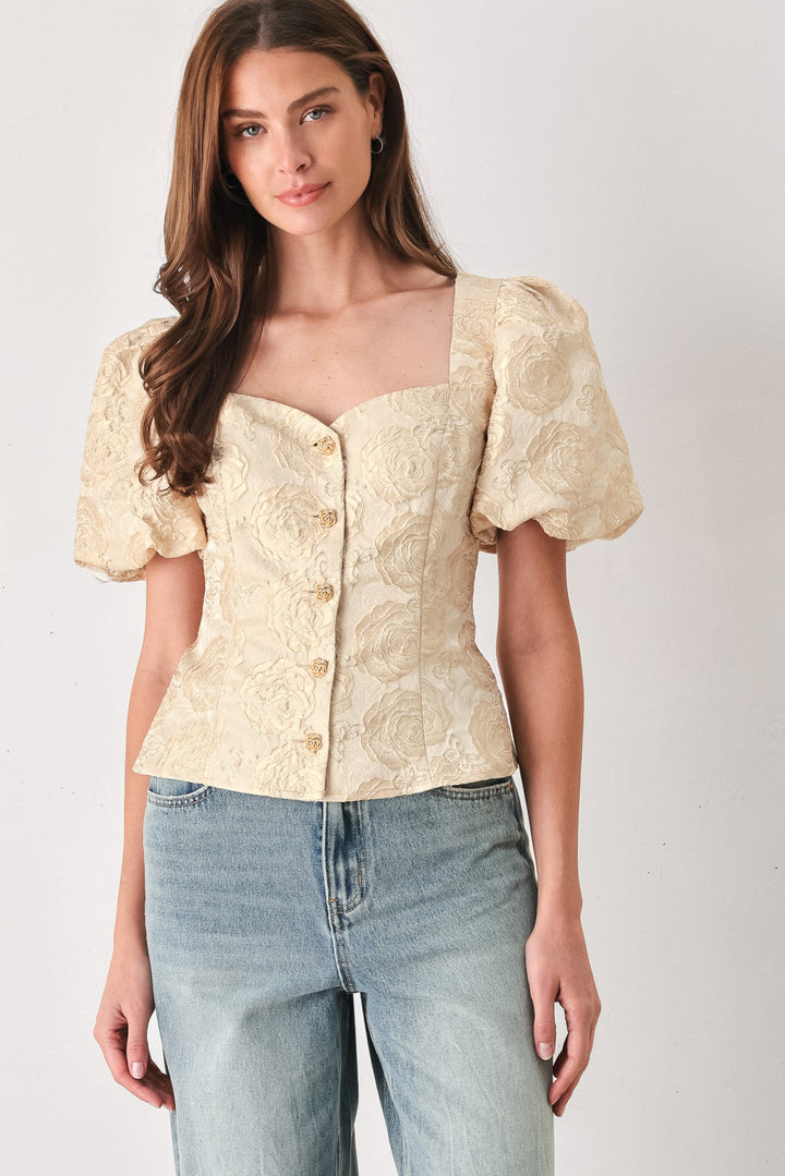 GOLDEN PORTRAIT GOLD TEXTURED PUFF-SLEEVE PEPLUM TOP