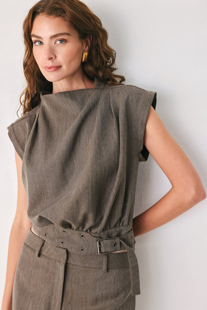 TAILORED TEMPO BROWN FUNNEL-NECK BELTED TOP